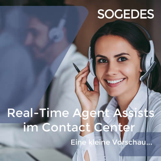 Eine Frau mit Kopfhörer und die Aufschrift Real-Time Agent Assists im Contact Center