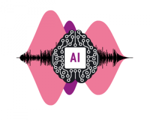 AI-Schriftzug vor Sprachwellen und rosa Muster